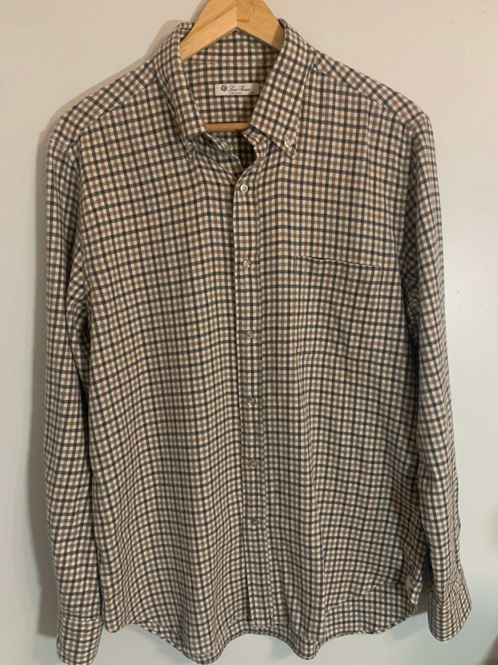 Loro Piana Brown and Cream Checked Button-Down Shirt Mens Size XL Logo Appliqué
